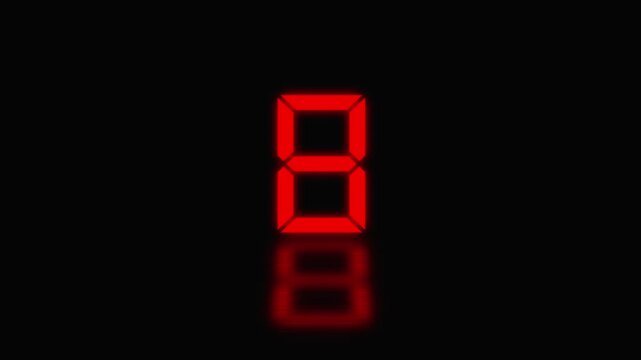 Sports shot clock countdown from 13 to 0. Glowing LED digits with afterglow. Red digital countdown timer with reflection on black background, clock numbers