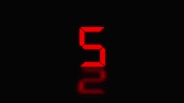 Sports shot clock countdown from 10 to 0. Glowing LED digits with afterglow. Red digital countdown timer with reflection on black background, clock numbers