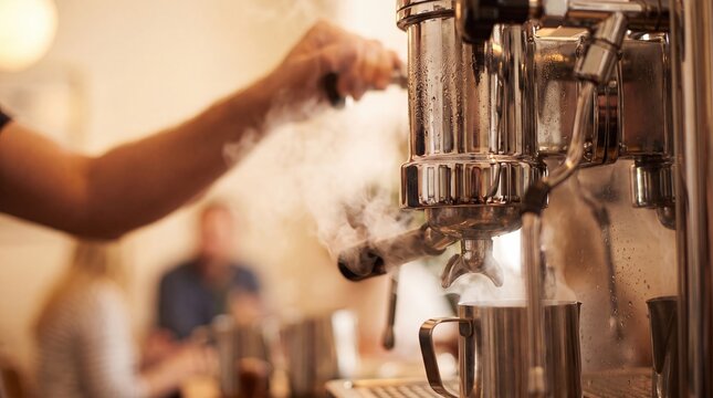 Professional Barista Steaming Milk with a Commercial Espresso Coffee Machine