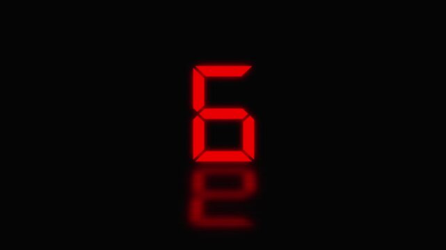 Sports shot clock countdown from 11 to 0. Glowing LED digits with afterglow. Red digital countdown timer with reflection on black background, clock numbers