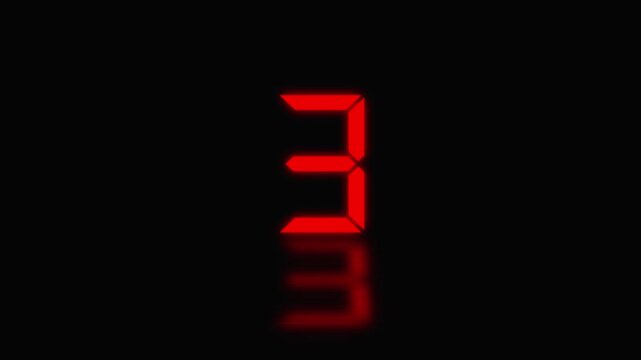 Sports shot clock countdown from 08 to 0. Glowing LED digits with afterglow. Red digital countdown timer with reflection on black background, clock numbers