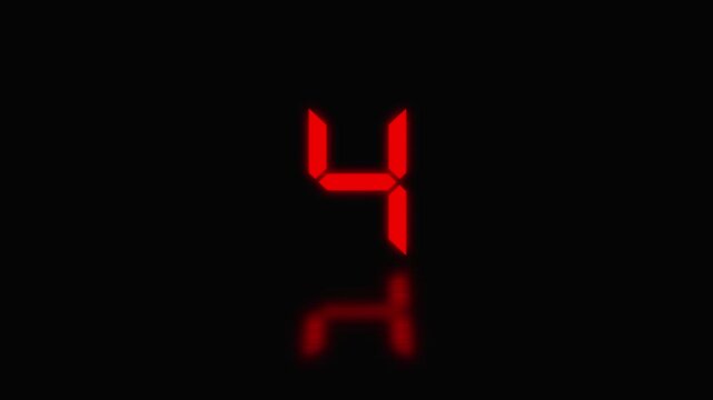 Sports shot clock countdown from 09 to 0. Glowing LED digits with afterglow. Red digital countdown timer with reflection on black background, clock numbers