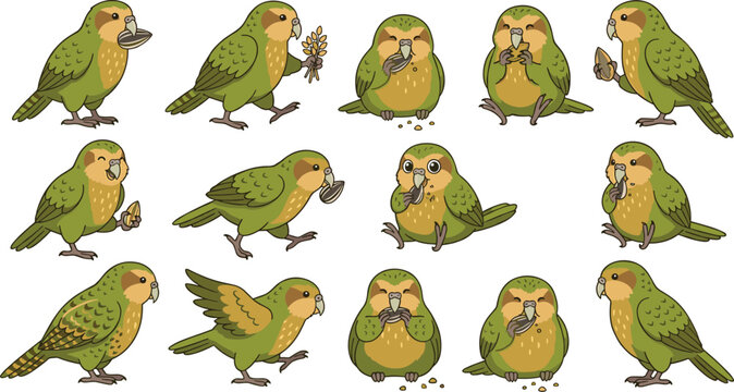 Cute Green Parrot Character Set Eating Seeds Holding Grains and Flying for Wildlife Books, Pet Shop, and Nature Graphic DesignsCute Green Parrot Character Set Eating Seeds Holding Grains and Flying fo