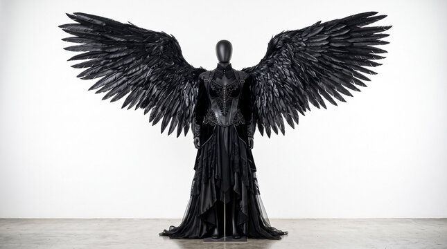 Stunning black winged fashion statement displayed on mannequin with intricate detailing and dramatic silhouette.