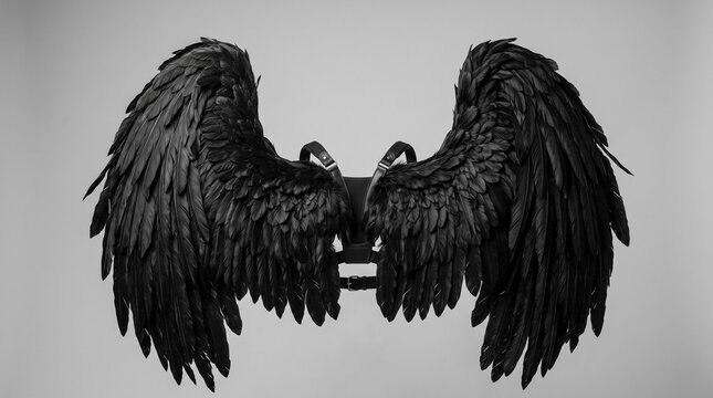 Black feathered wings provide dramatic backdrop for stylish clutch bag with chain campaign. Detailed dark plumage offers striking visual, enhancing luxury accessory branding.