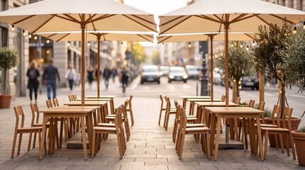 Obraz premium Outdoor cafe seating area with umbrellas on a European street