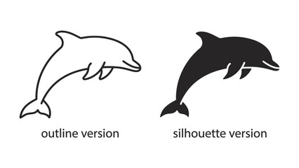 Naklejka premium Dolphin Outline and Silhouette: Two stylized dolphins, one depicted with a clean outline and the other as a solid black silhouette, showcasing the aquatic mammal's graceful form.