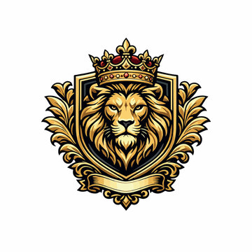 premium clean vector featuring a majestic lion head inside a luxurious royal crest. Use symmetrical composition with elegant ornamental curves, sharp linework, and layered crown details. Keep every