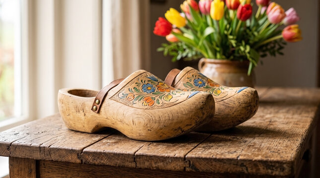 Traditional wooden clogs with floral decoration on rustic wooden table alongside vibrant tulips in vase. Clogs feature intricate designs, bringing warmth and charm to interior spaces.
