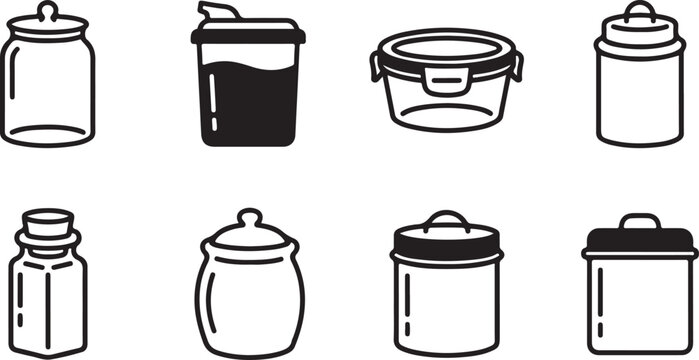 Eight different types of storage containers with lids Vector