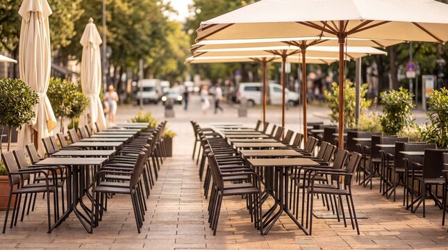 Outdoor Terrace Cafe Setup with Empty Tables and Chairs on a Sunny Street