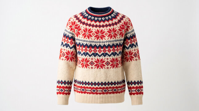 Cozy red and cream knitted sweater with intricate Fair Isle pattern, featuring snowflakes and geometric designs.