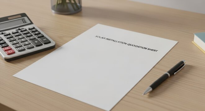 Solar installation quotation sheet on a wooden desk with pen and calculator