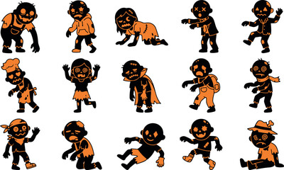 Obraz premium Set of various cartoon zombie characters in different poses isolated on a white background for game design