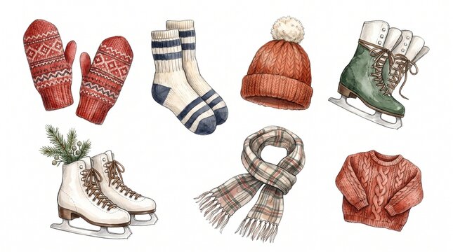 Cozy watercolor winter clothing collection, hand-painted knitted apparel and ice skates, perfect for holiday season designs and cold weather fashion.