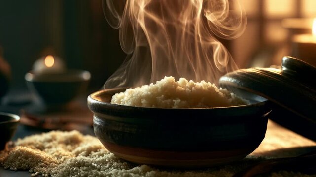 Steaming cooked white rice in rustic ceramic bowl on wooden table with warm moody light
