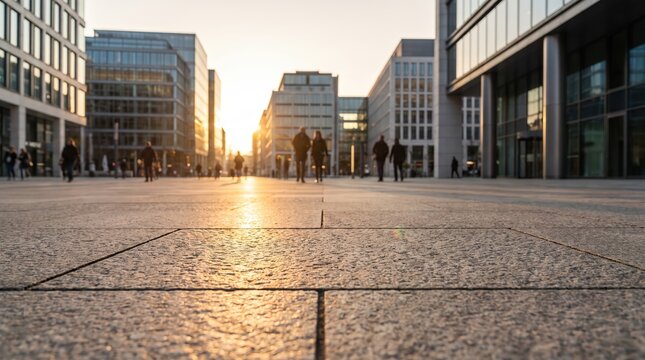 Low angle view of modern city square with business buildings at sunset