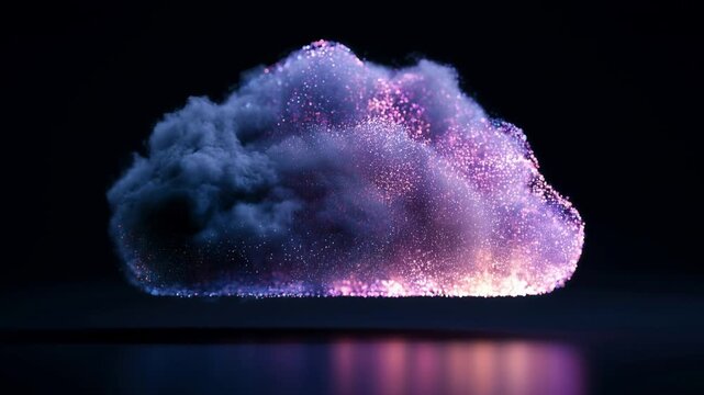 Seamless loop animation background of glowing purple cloud made of luminous particles on dark background, concept for cloud computing and digital data storage
