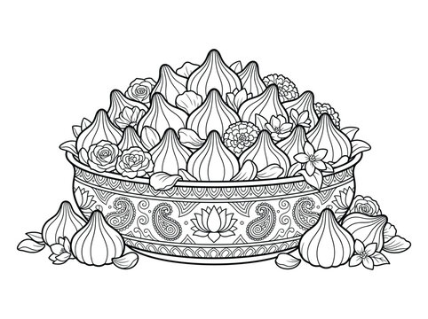 Modak sweets in ornamental bowl with lotus flowers coloring page