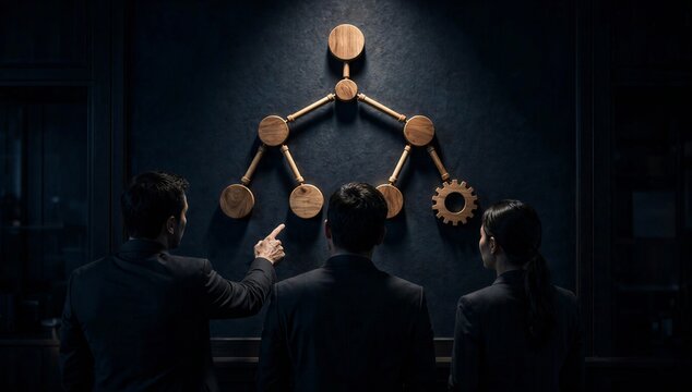 Person silhouette and gear diagram symbolize organizational change management, team alignment, and process transformation.