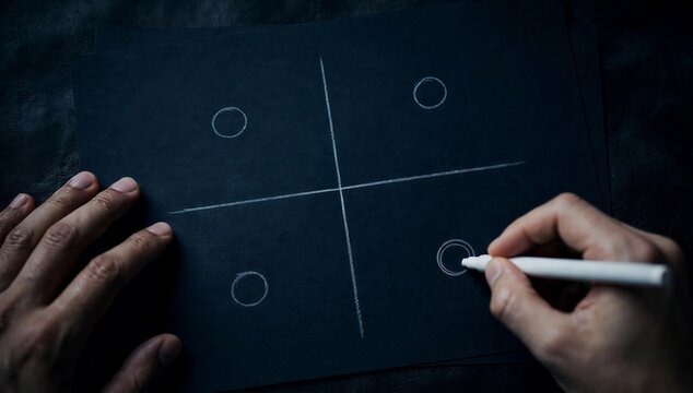 Hand and pen marking a circle on a tic tac toe grid, representing strategic positioning framework, choice, competition, and business planning.