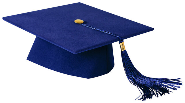 Royal blue graduation cap with gold tassel and button