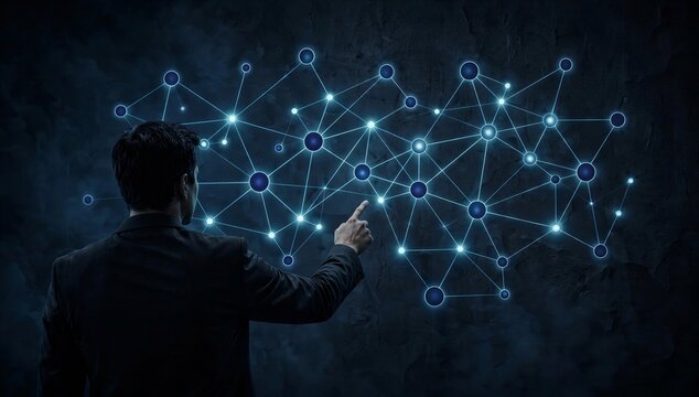 Silhouette of strategic planning consultant pointing at digital network, symbolizing business strategy, analysis, connection, growth, and future decision making.