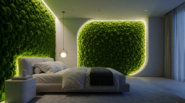 High-end futuristic bedroom with a minimalist bed and biophilic green moss accent walls glowing.
