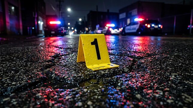 Yellow evidence marker at a crime scene with blurred police sirens in the background of a dark city street during a crime scene investigation at a nighttime crime scene area.