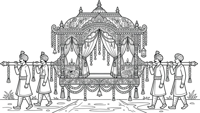 Men carrying traditional Indian wedding palanquin in line art style