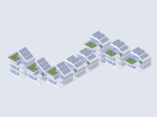 Fototapeta premium Isometric zigzag eco townhouse complex, mixed sections, solar panels