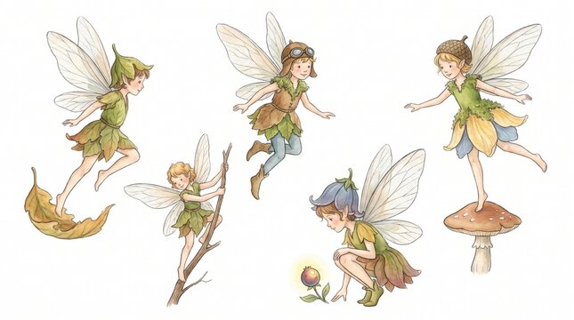 Enchanting watercolor fairy collection, six whimsical woodland sprites, magical forest creatures, delicate fantasy illustrations for children's books and nature themes.