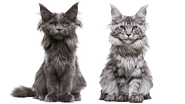 Two Maine Coon cats one grey and one silver tabby, sitting