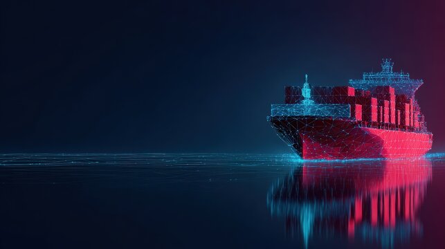 A futuristic container ship rendered in neon blue and red lights floats on calm water under a dark sky. ..Created with Generative AI, not depicting real subjects.
