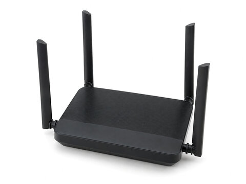 Black wireless router isolated on white.