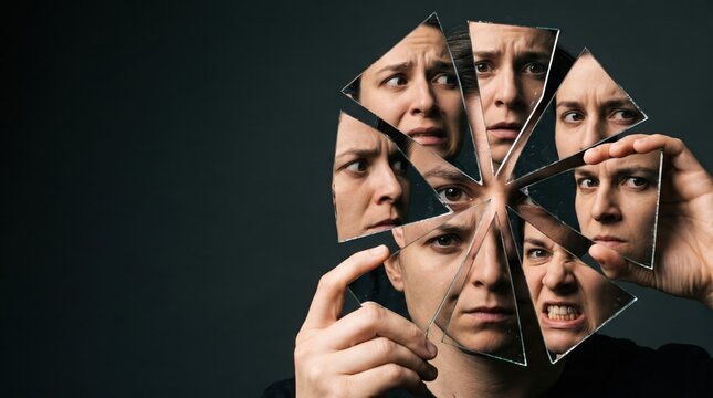Multiple emotional expressions reflected through fragmented mirror shards in dramatic portrait