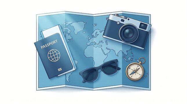 Travel flat lay with passport, camera, sunglasses on a map with compass, blue tones, isolated background concept