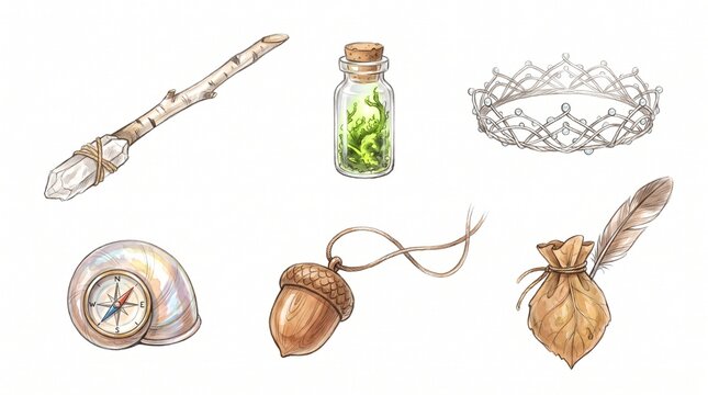Fantasy adventure quest items, magical objects for role-playing games, whimsical fairytale elements, and mystical witchy accessories.