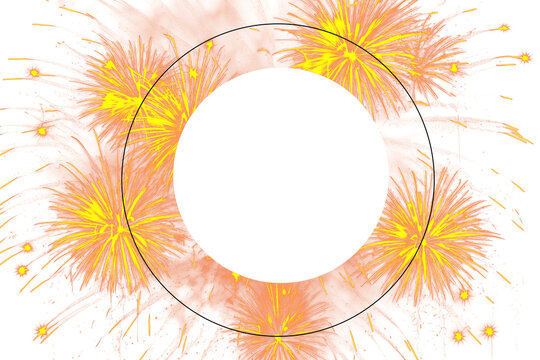 Vibrant Yellow and Orange Fireworks Circular Frame Template with Transparent Central Copy Space for Festive Celebration Designs