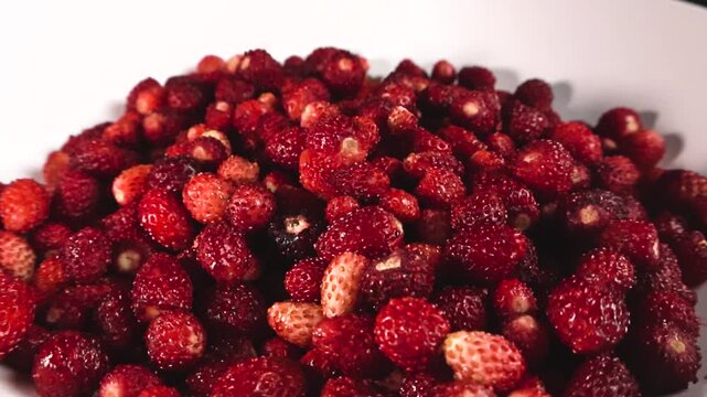 Fresh wild strawberries in a white bowl rotating with a shallow depth of field, highlighting the vibrant red color and texture of the freshly picked fruit on a contrasting black background