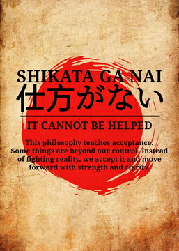 shikata ga nai japanese philosophy vintage poster with red rising sun &ndash; timeless zen wisdom in classic retro aesthetic