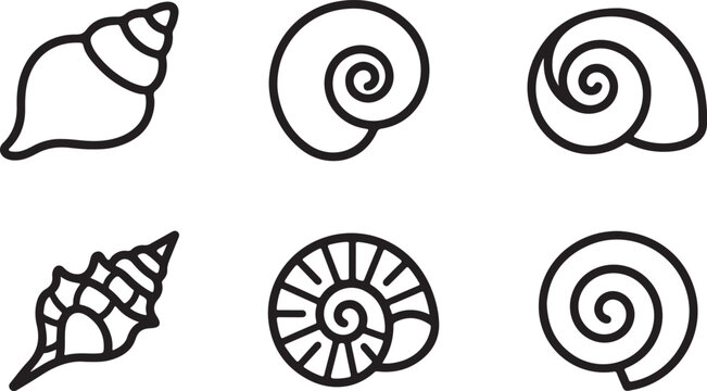 Simple black and white shell and spiral icon set illustration Vector