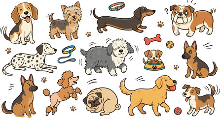 Obraz premium Cute Dog and Puppy Breed Character Illustration Set Featuring Popular Canines Accessories and Playful Actions for Pet Care Brand Creative Vector Graphic Designs