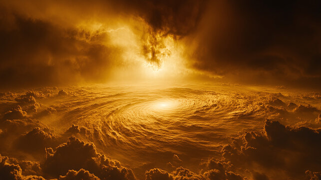 Dramatic Golden Supercell Storm Vortex Viewed From Above the Clouds in a Cosmic Atmospheric Environment