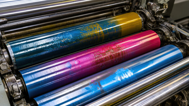 Ink rollers in a printing press are filled with bright colors like blue, pink, and yellow. The setting is a workshop where printing activities take place