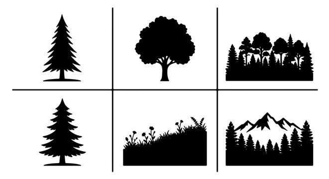 Forest and Mountain Silhouettes, Evergreen and Deciduous Trees, Wildflowers, Nature Landscape Vector Icons Set