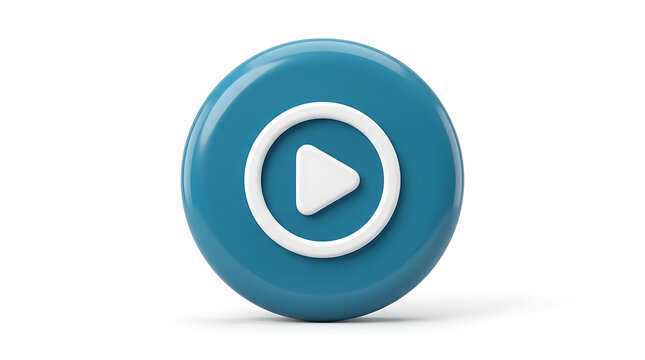 A 3D rendered teal blue circular button with a white play icon in the center, isolated on a clean white background.