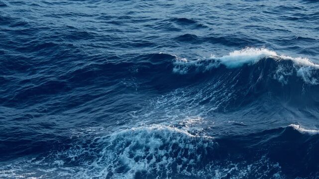 Powerful ocean waves roll across the deep blue sea with white foam crests forming and breaking. Textured water surface shows natural wave patterns and swells in open water conditions.