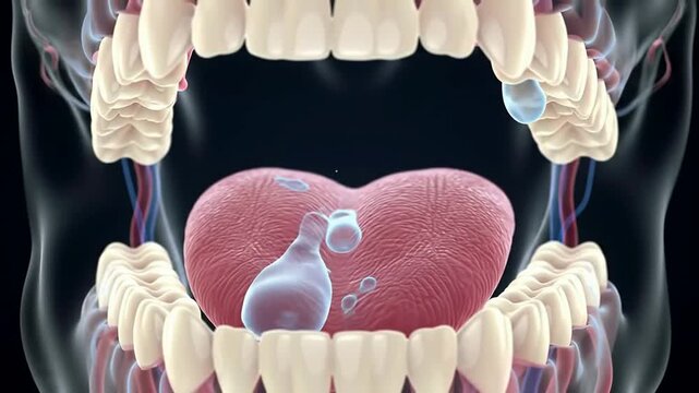 Anatomical Tongue Scan In Transparent Mouth Cavity Displaying Detailed Textures And Saliva Droplets Against Dark Background