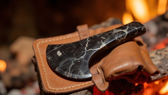 Ancient polished black stone axe head resting on a leather pouch near glowing fire